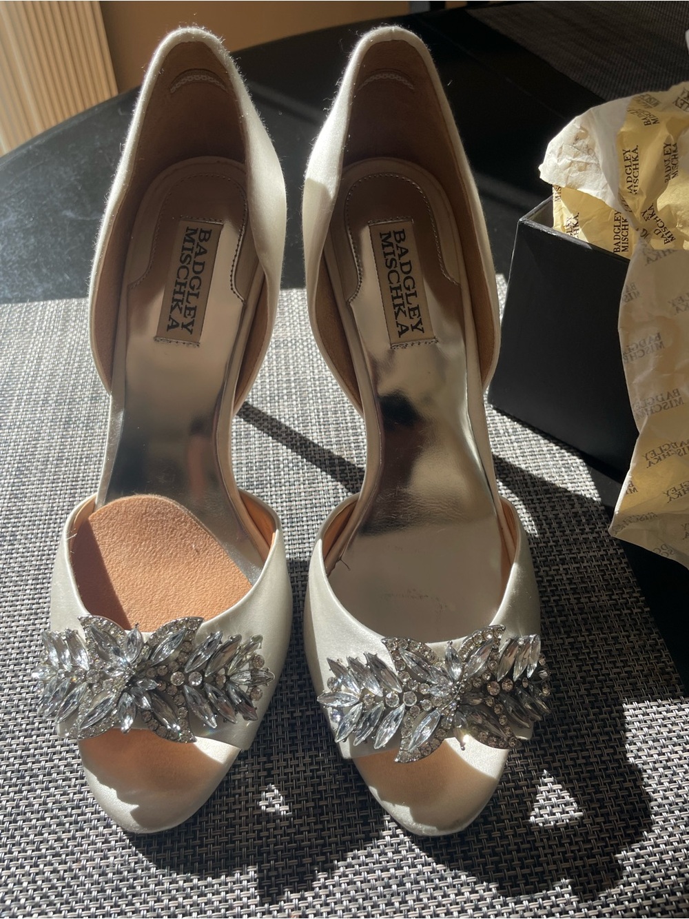 Badgley Mischka Cream Satin Peep-Toe Heels with Crystal Brooch